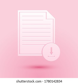 Paper cut Document with download sign icon isolated on pink background. File document symbol. Paper art style. Vector