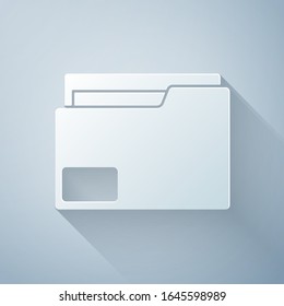 Paper cut Document folder icon isolated on grey background. Accounting binder symbol. Bookkeeping management. Paper art style. Vector Illustration