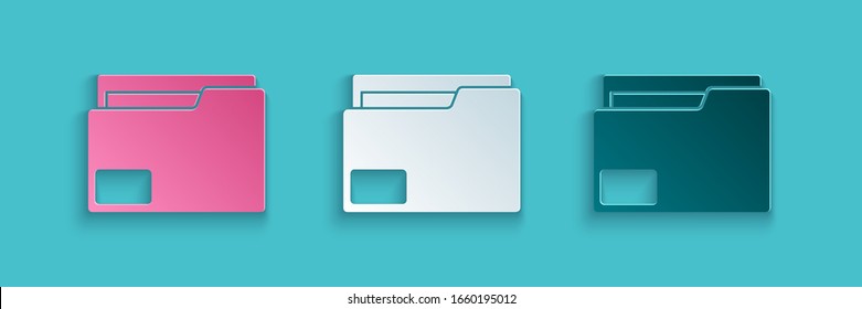 Paper cut Document folder icon isolated on blue background. Accounting binder symbol. Bookkeeping management. Paper art style. Vector Illustration