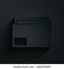 Icono de carpeta Documento de corte de papel aislado en fondo negro. Símbolo de carpeta contable. Gestión de reservas. Estilo de arte de papel. Ilustración vectorial