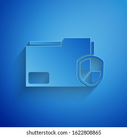 Paper cut Document folder protection concept icon isolated on blue background. Confidential information and privacy idea, guard, shield. Paper art style. Vector Illustration