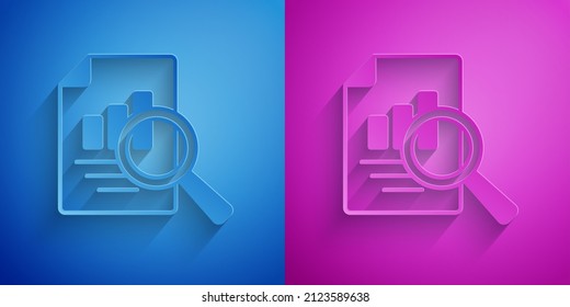 Paper cut Document with graph chart icon isolated on blue and purple background. Report text file icon. Accounting sign. Audit, analysis, planning. Paper art style. Vector