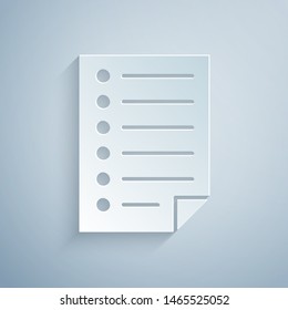 Paper cut Document icon isolated on grey background. File icon. Checklist icon. Business concept. Paper art style. Vector Illustration