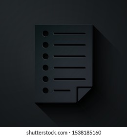 Paper cut Document icon isolated on black background. File icon. Checklist icon. Business concept. Paper art style. Vector Illustration