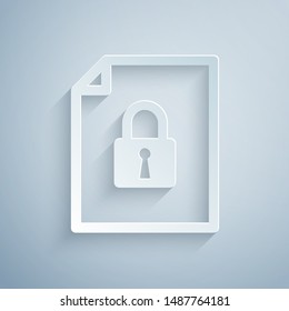 Paper cut Document and lock icon isolated on grey background. File format and padlock. Security, safety, protection concept. Paper art style. Vector Illustration