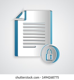 Paper cut Document and lock icon isolated on grey background. File format and padlock. Security, safety, protection concept. Paper art style. Vector Illustration