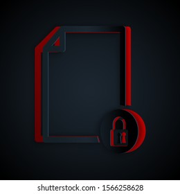Paper cut Document and lock icon isolated on black background. File format and padlock. Security, safety, protection concept. Paper art style. Vector Illustration