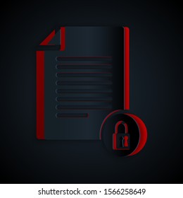 Paper cut Document and lock icon isolated on black background. File format and padlock. Security, safety, protection concept. Paper art style. Vector Illustration