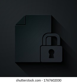 Paper cut Document and lock icon isolated on black background. File format and padlock. Security, safety, protection concept. Paper art style. Vector