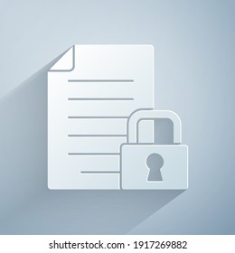 Paper cut Document and lock icon isolated on grey background. File format and padlock. Security, safety, protection concept. Paper art style. Vector