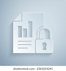 Paper cut Document and lock icon isolated on grey background. File format and padlock. Security, safety, protection concept. Paper art style. Vector Illustration