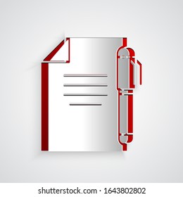 Paper cut Document and pen icon isolated on grey background. File icon. Checklist icon. Business concept. Paper art style. Vector Illustration