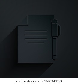 Paper cut Document and pen icon isolated on black background. File icon. Checklist icon. Business concept. Paper art style. Vector Illustration