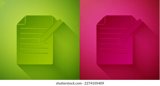 Paper cut Document and pen icon isolated on green and pink background. File icon. Checklist icon. Business concept. Paper art style. Vector