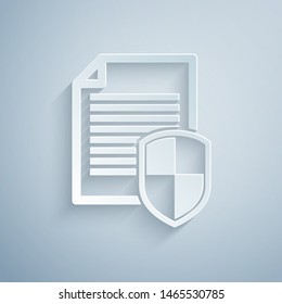 Paper cut Document protection concept icon isolated on grey background. Confidential information and privacy idea, secure, guard, shield. Paper art style. Vector Illustration