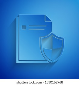 Paper cut Document protection concept icon isolated on blue background. Confidential information and privacy idea, secure, guard, shield. Paper art style. Vector Illustration