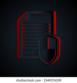 Paper cut Document protection concept icon isolated on black background. Confidential information and privacy idea, secure, guard, shield. Paper art style. Vector Illustration