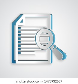 Paper cut Document with search icon isolated on grey background. File and magnifying glass icon. Analytics research sign. Paper art style. Vector Illustration