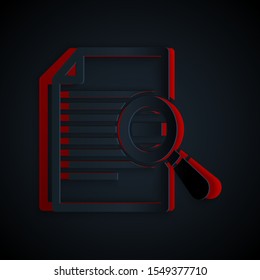 Paper cut Document with search icon isolated on black background. File and magnifying glass icon. Analytics research sign. Paper art style. Vector Illustration