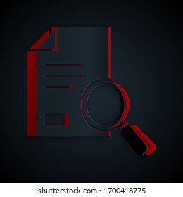 Paper cut Document with search icon isolated on black background. File and magnifying glass icon. Analytics research sign. Paper art style. Vector Illustration