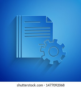 Paper cut Document settings with gears icon isolated on blue background. Software update, transfer protocol, teamwork tool management. Paper art style. Vector Illustration