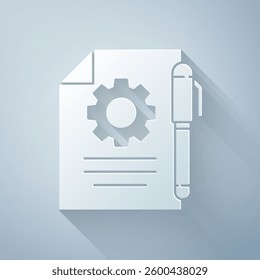 Paper cut Document settings with gears icon isolated on grey background. Software update, transfer protocol, teamwork tool management. Paper art style. Vector Illustration