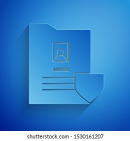 Paper cut Document with shield icon isolated on blue background. Insurance concept. Security, safety, protection, protect concept. Paper art style. Vector Illustration