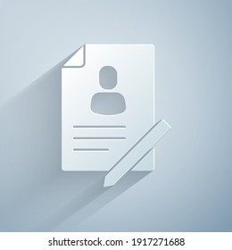 Paper cut Document with shield icon isolated on grey background. Insurance concept. Security, safety, protection, protect concept. Paper art style. Vector