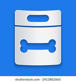 Paper cut Dog bone icon isolated on blue background. Pets food symbol. Paper art style. Vector