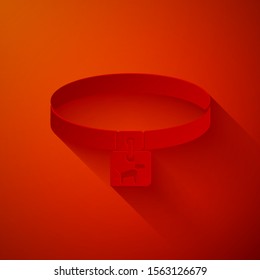 Paper cut Dog collar with name tag icon isolated on red background. Simple supplies for domestic animal. Cat and dog care. Pet dog chains. Paper art style. Vector Illustration