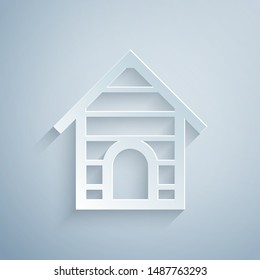 Paper cut Dog house icon isolated on grey background. Dog kennel. Paper art style. Vector Illustration