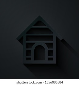 Paper cut Dog house icon isolated on black background. Dog kennel. Paper art style. Vector Illustration