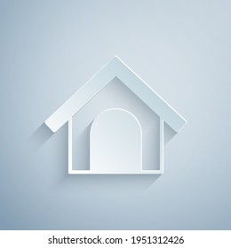 Paper cut Dog house icon isolated on grey background. Dog kennel. Paper art style. Vector