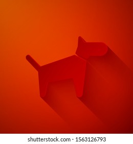 Paper cut Dog icon isolated on red background. Paper art style. Vector Illustration