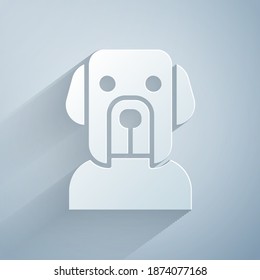 Paper cut Dog icon isolated on grey background. Paper art style. Vector