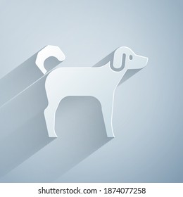 Paper cut Dog icon isolated on grey background. Paper art style. Vector