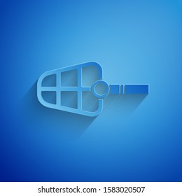 Paper cut Dog muzzle icon isolated on blue background. Paper art style. Vector Illustration