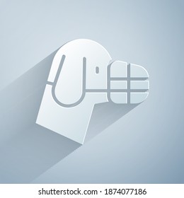Paper cut Dog in muzzle icon isolated on grey background. Accessory for dog. Paper art style. Vector