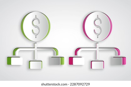 El papel cortó el dólar por encima del icono de la jerarquía financiera aislado en fondo gris. Estilo de arte de papel. Vector