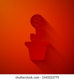 Paper cut Dollar plant in the pot icon isolated on red background. Business investment growth concept. Money savings and investment. Paper art style. Vector Illustration