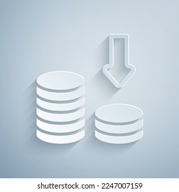 Paper cut Dollar rate decrease icon isolated on grey background. Cost reduction. Money symbol with down arrow. Business lost crisis decrease. Paper art style. Vector