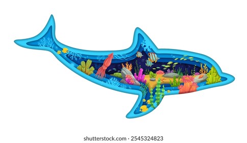 Papier geschnitten Delphin Silhouette mit Meer Unterwasser Landschaft. Cartoon tropische Fischschulen und Meerestiere in Vektor 3D Papier geschnitten Delfin Rahmen mit Tintenfisch, Algen, Seesterne und Muscheln auf dem Meeresboden