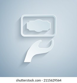 Paper cut Donation and charity icon isolated on grey background. Donate money and charity concept. Paper art style. Vector