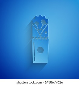 Paper cut Doner kebab icon isolated on blue background. Shawarma sign. Street fast food menu. Paper art style. Vector Illustration