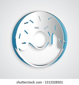 Paper cut Donut with sweet glaze icon isolated on grey background. Paper art style. Vector Illustration