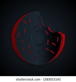 Paper cut Donut with sweet glaze icon isolated on black background. Paper art style. Vector Illustration