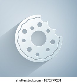 Paper cut Donut with sweet glaze icon isolated on grey background. Paper art style. Vector