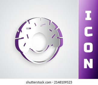 Paper cut Donut with sweet glaze icon isolated on grey background. Paper art style. Vector