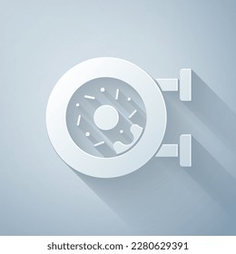 Paper cut Donut with sweet glaze icon isolated on grey background. Paper art style. Vector