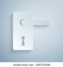 Paper cut Door handle icon isolated on grey background. Door lock sign. Paper art style. Vector Illustration